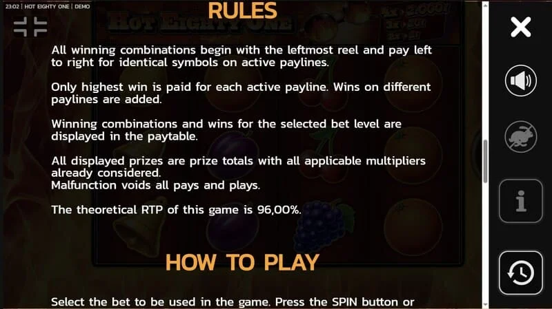 Hot Eighty One - instruksi singkat "cara bermain" dengan deskripsi Wild dan x-multiplication